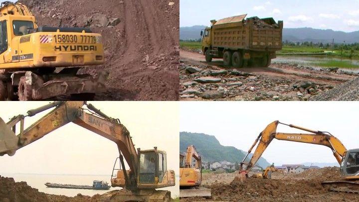 工程项目工地建设施工土石方开挖运输大卡车运土车挖掘机推土机视频